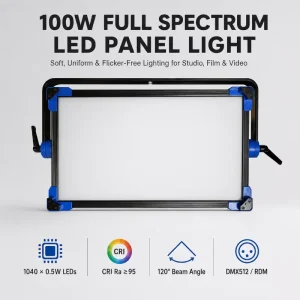 100W Metal LED Panel Light Full Spectrum Studio Lighting CRI 95+ DMX Soft Video Light for Film and Broadcast