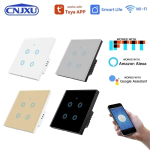 110V/220V No-Neutral and Neutral Wire 1/2/3/4-Gang WiFi Light Switch with RF433 Electric Wall Smart Touch Control