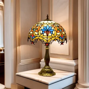 12 European Style E27 with Colored Glass Dome Shade Glazed Alloy Base Table Lamp for Bedroom Dining Room Decoration