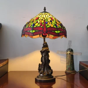 12″ European Vintage Handmade Resin Base Dragonfly Stained Glass DC LED Table Lamp for Bedroom Bedside Living Room Lighting