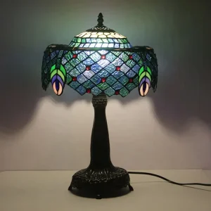 12 Inch Eco Friendly Flexible Simple Home Table Lamp with Stained Glass Peacock Design Beauty Base Stand