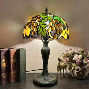 12 Inch LED Table Lamp Vintage Grape Stained Glass Lamp Shades for Living Room Desk Lighting