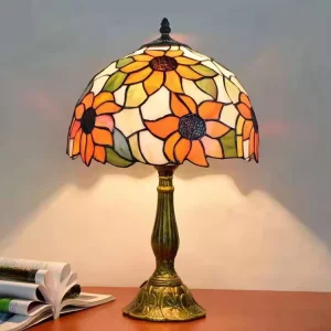 12″ Retro Style Small Table Lamp Aluminium Resin Base with Stained Glass for Living Room Bedside or Restaurant Use