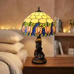 12″ Vintage Handmade Resin Base European Style Stained Glass Table Lamp for Bedroom Bedside Living Room Lighting and Deco
