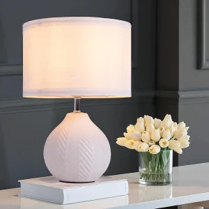 12” White Ceramic Table Lamp Leaf Patterned Ceramic Desk Lamp Small Bedside Lamp with Linen Shade Mid Century