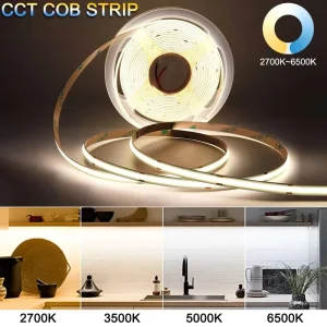 12V 24V 14W/m 2700-6500K CCT Dimmable CRI 90+ 10mm 608 LEDs/m COB LED Strip Light