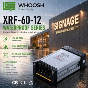 12V 5A 60W Waterproof LED Power Supply IP62 AC-DC Transformer Adapter for Outdoor LED Strip, Signage, and Landscape Lighting