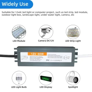 12V 60W IP67 Waterproof LED Driver AC-DC Converter Suitable for Outdoor Landscape Lighting and LED Strip Lights