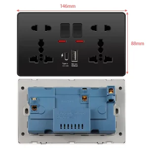 146mm Universal Double-Gang Wall Switch Socket with USB Port 250V
