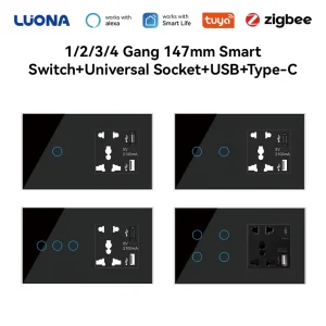 147×86mm Smart Switch and Universal Socket Combo, WiFi RF433, 3 Gang Touch Control, USB Fast Charging