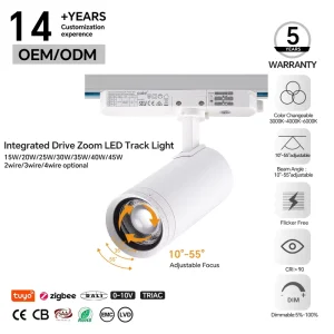 15W-45W LED Zoomable Track Spot Light, Adjustable Beam 10-55°, CRI>90