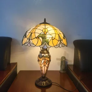 16 Inch Antique Stained Art Glass Yellow Color Resin Base DC Table Lamp European Style Bedroom Dining Room Home Decor