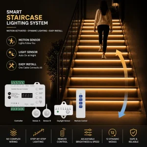 16-Step COB LED Staircase Lighting Kit with PIR Motion Sensor Controller and Main Cable