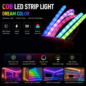 160 LEDs/m RGB IC COB LED Strip SPI Flexible LED Tape DC5V 5mm PCB Built-in IC MW1838 IP20 5m/Roll RA90