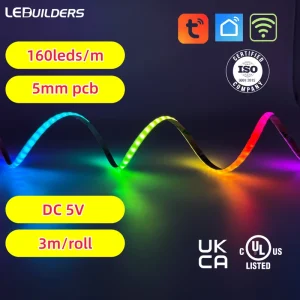 160LED Changeable rainbow Color Programmable Smart Remote Control Dimmable Ultra thin Cuttable 5V 5mm RGBIC COB Light Strip