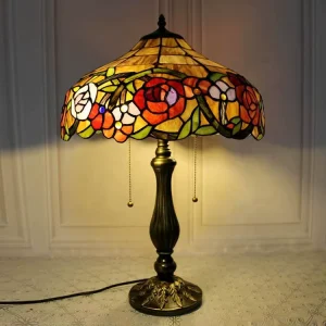 16inch Style Table Lamp Handcrafted Bedside Light Rose Stained Glass Lampshade Lights