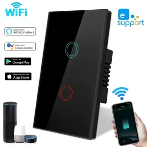 2 Gang 146 Type WiFi Smart Switch 20A Touch Button Glass Panel Light Switch Google Home Alexa Voice Control