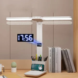 2 Head LED Desk Lamp USB Dimmable Foldable Rechargeable Table Lamp with Clock and Night Light