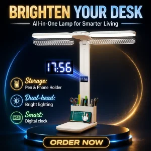 2 Heads LED Table Lamp USB Dimmable Foldable Rechargeable Desk Lamp with Clock Night Light for Reading