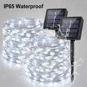 2 Pack Copper Solar Fairy Lights IP65 Waterproof 33FT 100 LED 8 Modes White Christmas Decorations for Garden Tree Patio