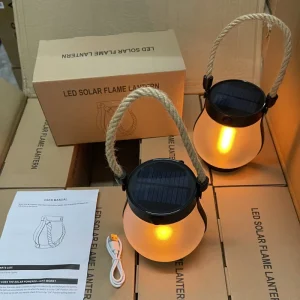 2 Pack Waterproof Solar Camping Light USB Rechargeable 22LED Dancing Flame Lantern Outdoor Hanging Solar Garden Light for Yard