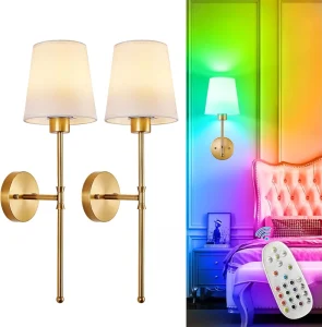 2 Piece Rechargeable LED Wall Sconce Set Wireless Battery Operated Gold Iron Lamp Body 15 Colors for Bedroom Living Room