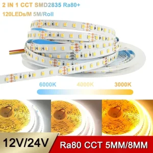 2-in-1 CCT 3000K-6000K Dimmable 12V 24V 5mm 8mm SMD2835 LED Strip Light