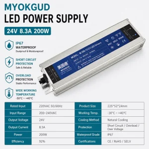200W 24V 8.3A Aluminum Waterproof LED Driver AC 200 240V DC 24V Slim Switching Power Supply Single Channel for Outdoor LED