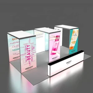 20×10 Modular Exhibition Display Stand with Backlit Arch Light Box and Reception Counter