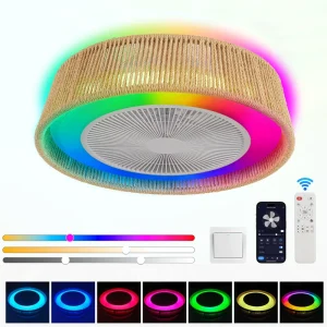 21-Inch Ceiling Fan Light with LED RGB Mood Lighting Rope Woven Design Quiet Fan Semi-Flush Mount