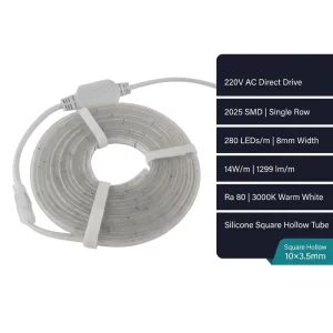 220V LED Strip Light 280LEDs m 8mm 14W 1300lm Ra80 3000K Warm White Silicone Square Hollow Tube Single Row LED Tape Light