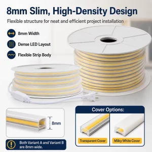 220V LED Strip Light 288 LEDs/m 8mm High-Density Flexible Linear Ribbon for Outdoor Project Lighting