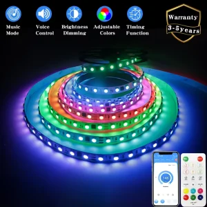 24V 12V SPI 5050 RGB LED Strip Light RGBIC 2811 Addressable with App, Wi-Fi, Remote Control and Running Effects