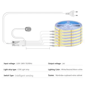 24V COB LED Strip Light with Motion Sensor, Auto On/Off Delay for Cabinets, Closets, Wardrobes, and Bookcases