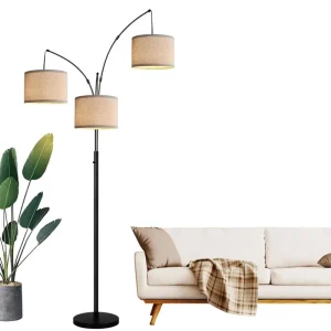 3 Light Arc Floor Lamp with Beige Shades Heavy Base Mid Century Design 1000LM 3 LED Bulbs Included Garden Use