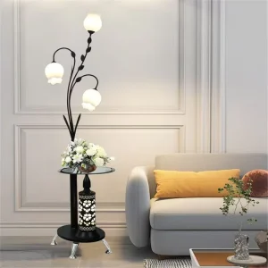 3 Light Flower Floor Lamp with Glass Table for Living Room Bedroom Home Hotel Decor Wrought Iron Standing Lamp