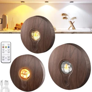 3-Pack Walnut Plastic Rechargeable Puck Lights with Remote Control 1200mAh Battery for Cabinet Lighting