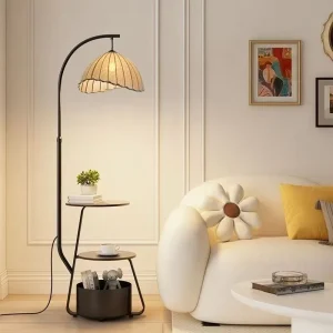 3 Tier Storage Floor Lamp with Linen Shade Modern Arc Floor Light with Side Table for Living Room Bedroom