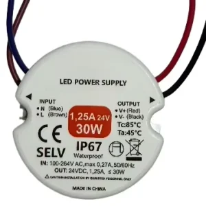 30W 24V 1.25A 12V 2.5A 15W 12V 24V AC 100-240V IP67 Waterproof Round LED Power Supply Driver for Equipment Lighting