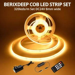 320 LEDs m Set 24v Cob Led Strip Lights 8mm with Remote Control and Power Supply Dimmable IP20 Dotless Flexible for Home Kitchen