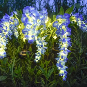 32in Auto On Off LED Solar Wisteria Lights 4 Blooms IP65 Lavender Blush Pink Sky Blue Yellow Steel Stake Garden 8H Silk Flowers