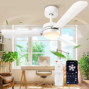 36″ Indoor LED Ceiling Fan Light with White Fan Durable Wood Body and Remote Control for Home