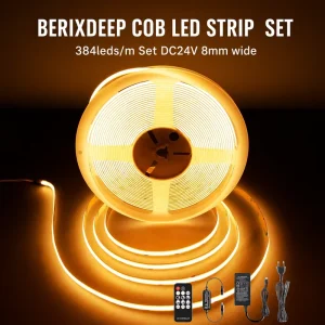 384 Leds m Set 24v Cob Led Strip Lights 8mm with Remote Control and Power Supply 10m Dotless Dimmable Cuttable for Decoration
