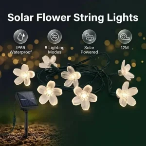 39.37ft 100 Solar LED Cherry Blossom Light String Waterproof IP65 Rechargeable Outdoor Christmas Garden Railing Decoration