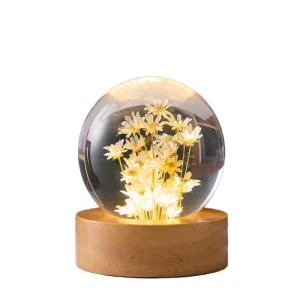 3D Dandelion Crystal Ball Night Light with LED Glass Lamp and Wooden Base