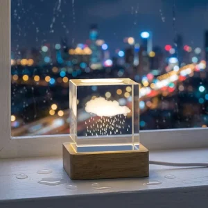 3D Engraved Glass Cube Night Light LED USB Wooden Base Desk Lamp Living Room Decor Gift