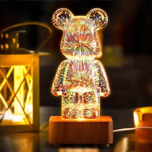 3D Glass Fireworks Bear LED RGB Table Night Light for Bedroom and Living Room