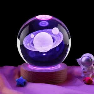 3D Interior Carved Solar System Planet Sphere Laser Small RGB Colorful Led Night Light Crystal Ball Lamp With Wood Base