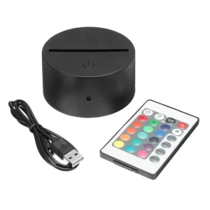 3D LED Night Light Lamp Base, 16 Colors, Remote Control, USB Cable