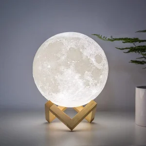 3D Moon Light with USB Plug-In, Dimmable Patting Control and Wood Shade